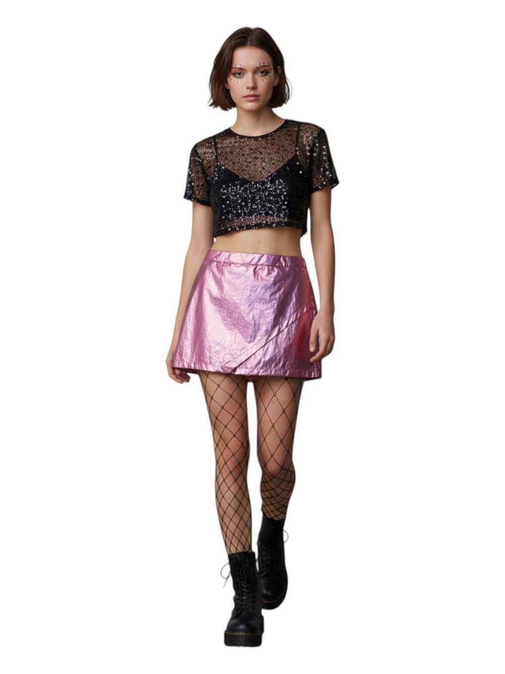 TCEC Pink Metallic Dazzling Size Large Festival Party y2K Shiny Mini Skort Skirt